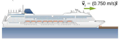 Chapter 9, Problem 27P, A cruise ship with a mass of 1.00107kg strikes a pier at a speed of 0.750 m/s. It comes to rest 